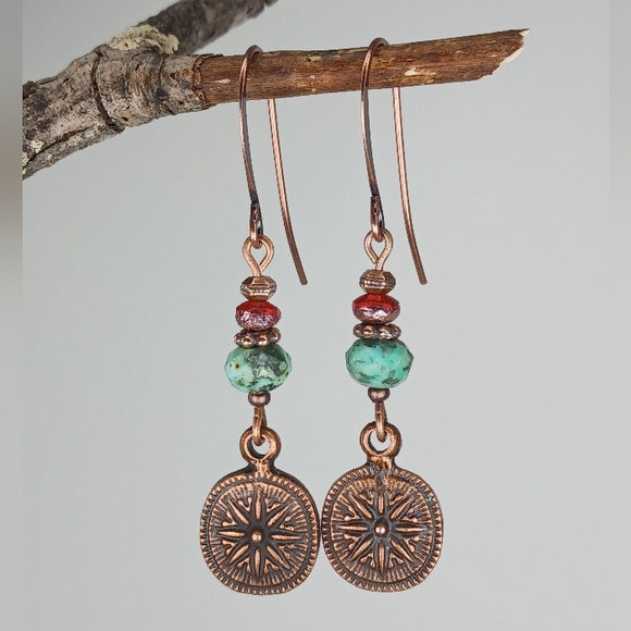 HAND CRAFTED African Turquoise Jasper Czech Glass Copper Compass Dangle Earrings - Picture 4 of 6